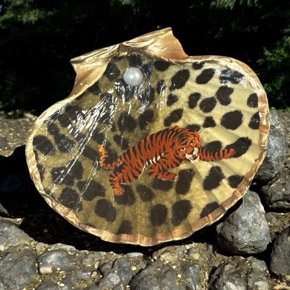 Handmade Decoupage Scallop Shell Trinket Dish Tiger Pearl